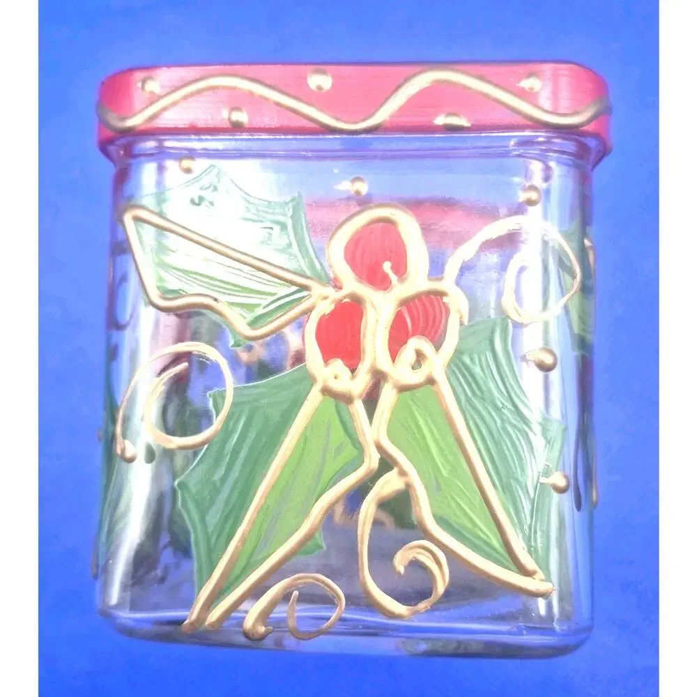 GANZ Bella Casa Handpainted Square Glass Candle Holder Holly Berries 2.5